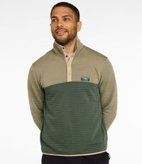 Men's colorblock quarter-snap pullover in olive and dark green with ribbed texture, front view
