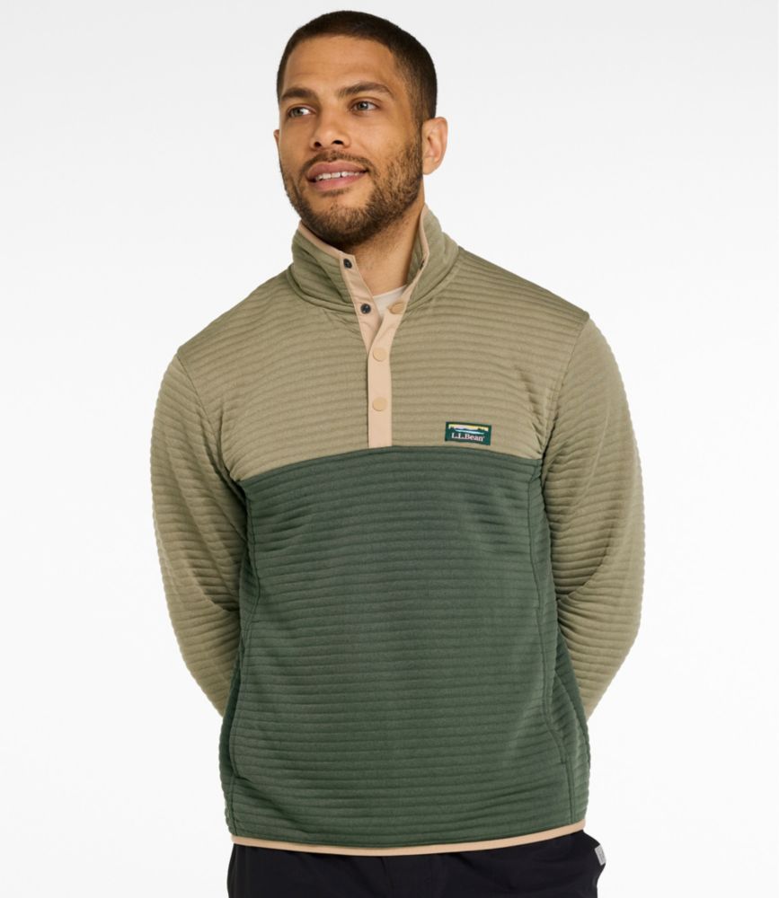 Men's colorblock quarter-snap pullover in olive and dark green with ribbed texture, front view