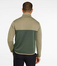 Men's colorblock ribbed knit pullover in olive and dark green, back view