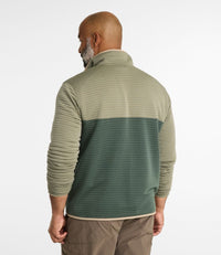 Men's colorblock ribbed knit pullover in two-tone olive and green, back view on model