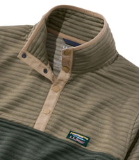 Close-up of colorblock pullover with snap placket, ribbed texture, and two-tone green colorblocking
