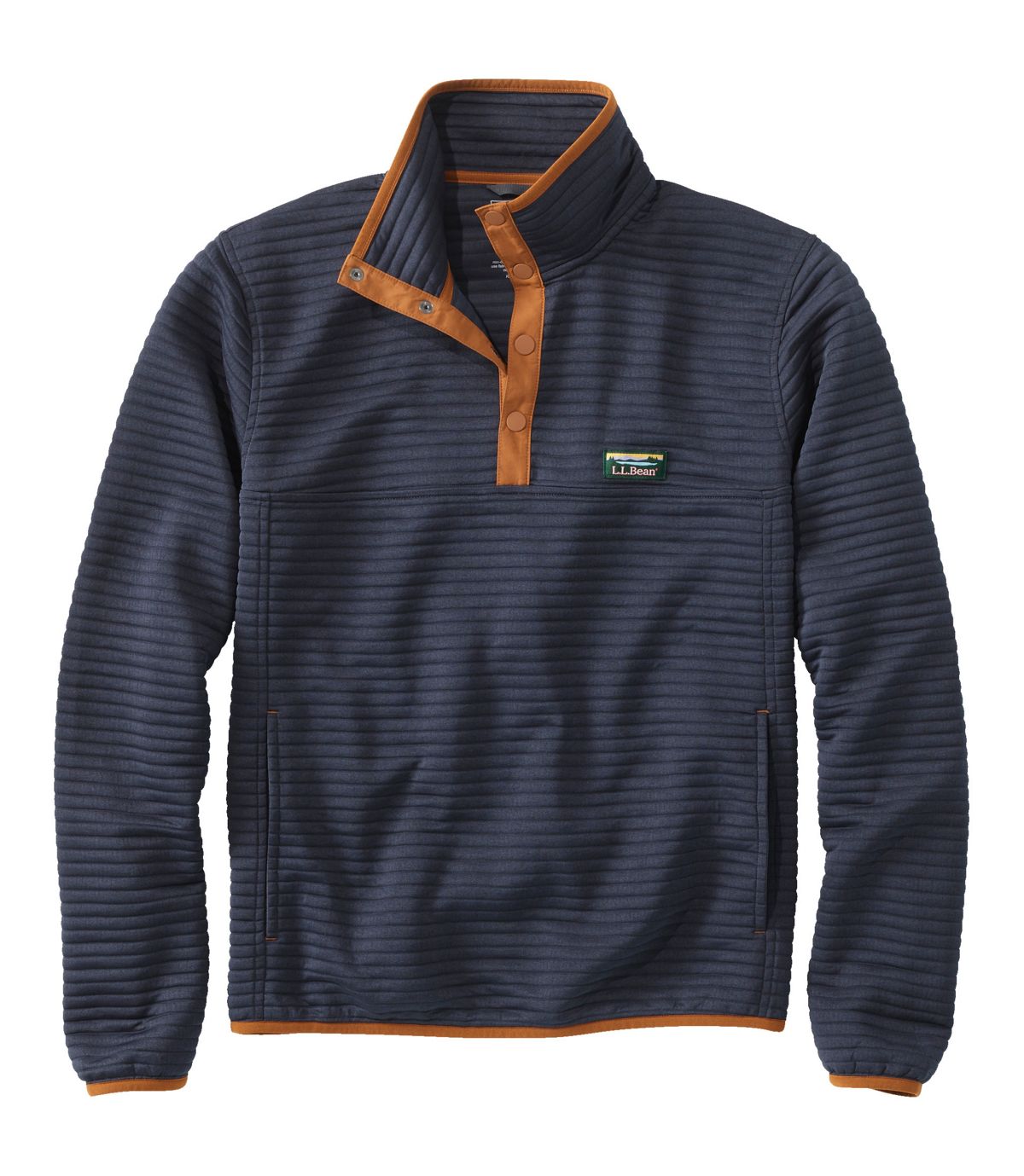 Navy blue ribbed knit pullover with orange trim and partial zip front view