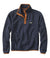 Navy blue ribbed knit pullover with orange trim and partial zip front view