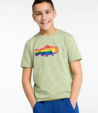 Light green t-shirt with rainbow fish graphic worn by smiling young boy