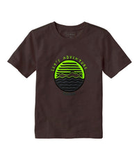 Dark brown kids t-shirt with bright green and black circular adventure graphic on front