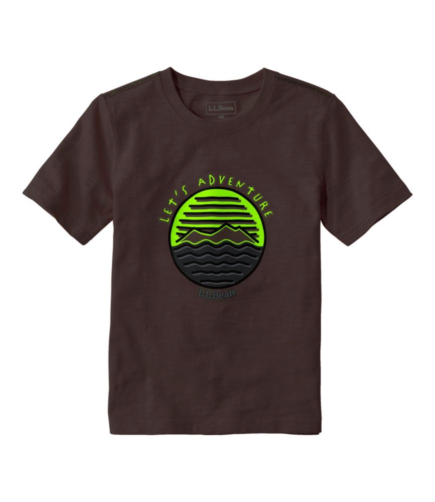 Dark brown kids t-shirt with bright green and black circular adventure graphic on front