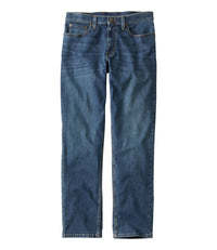 Men's straight leg jeans in medium-dark blue denim with five-pocket styling, front view