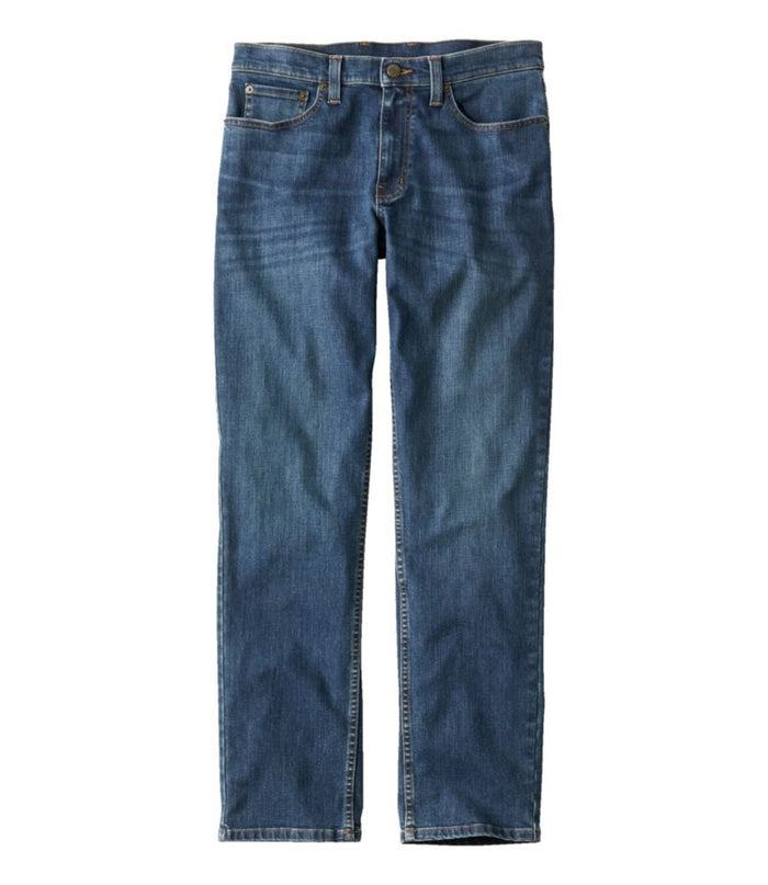 Men's straight leg jeans in medium-dark blue denim with five-pocket styling, front view
