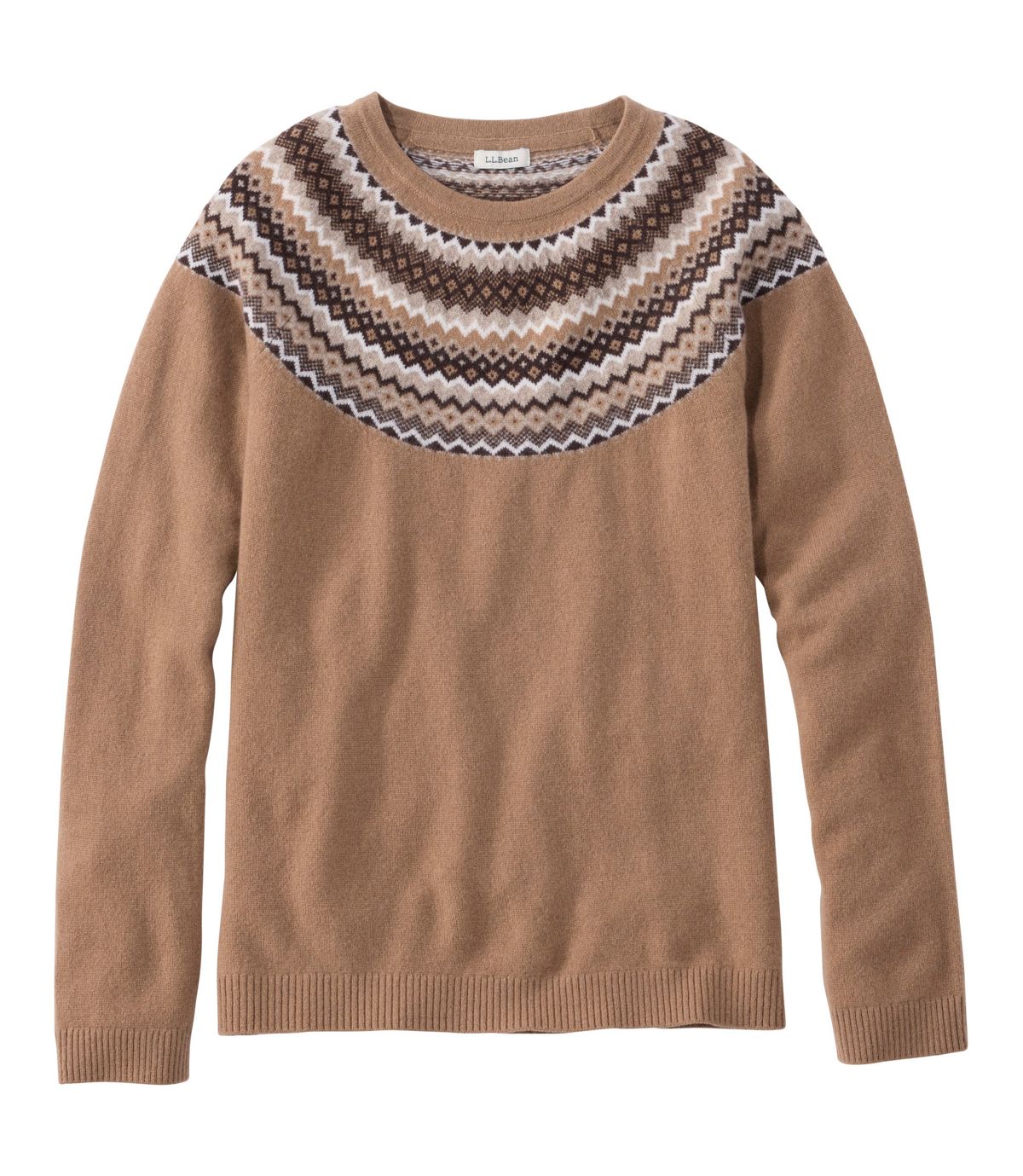 Women's crewneck cashmere sweater with Fair Isle yoke pattern in camel and earth tones, flat lay view