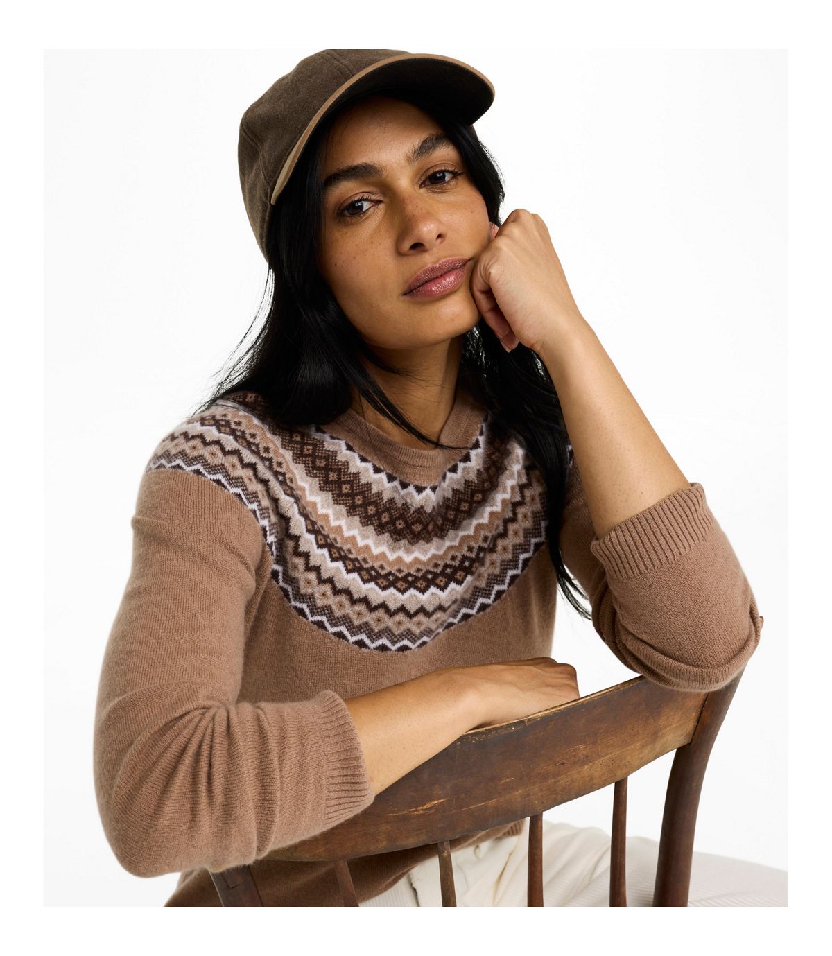 Women's Fair Isle crew neck sweater in camel with geometric yoke pattern, worn on model