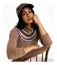 Women's Fair Isle crew neck sweater in camel with geometric yoke pattern, worn on model