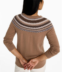 Women's crew neck sweater with Fair Isle yoke pattern, back view showing geometric knit design