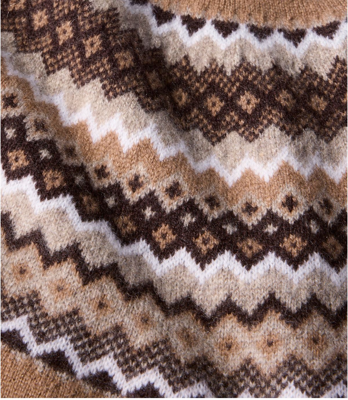 Close-up detail of a Fair Isle knit sweater with chevron and geometric patterns in warm earth tones