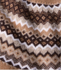 Close-up detail of a Fair Isle knit sweater with chevron and geometric patterns in warm earth tones