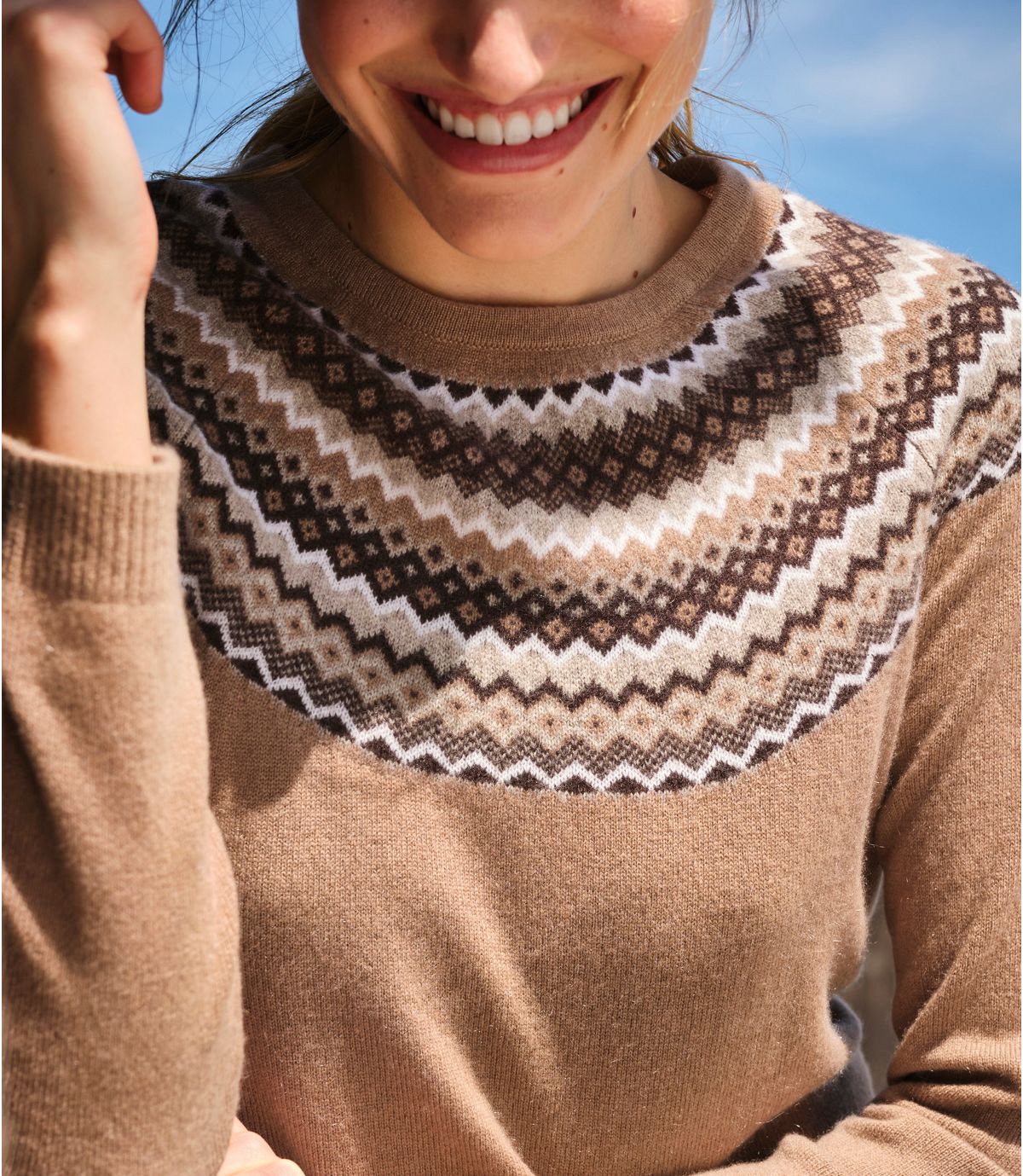 Women's crew neck cashmere sweater with Fair Isle yoke pattern in warm brown and cream tones
