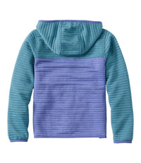 Colorblock hooded jacket with teal blue sleeves and purple body, back view