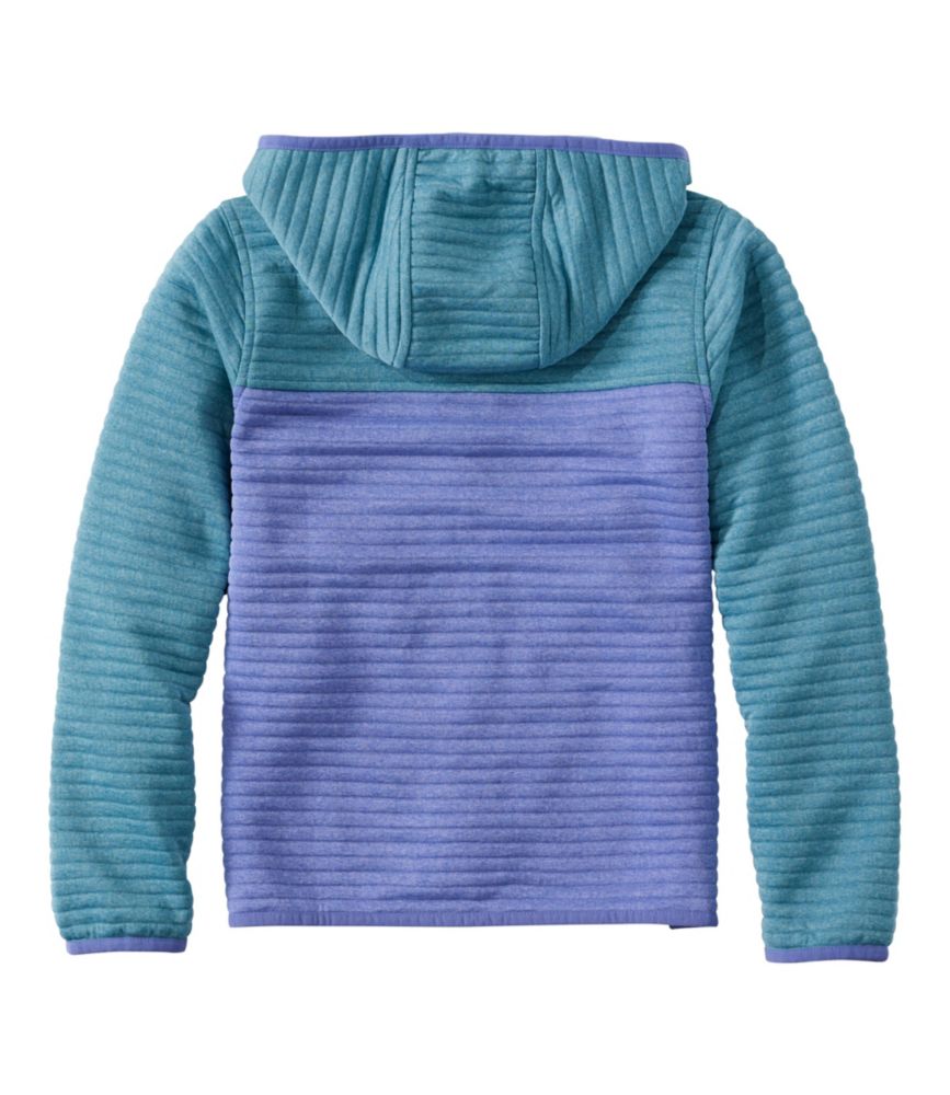 Colorblock hooded jacket with teal blue sleeves and purple body, back view