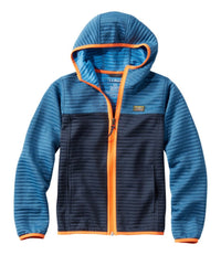 Blue and navy colorblock fleece jacket with orange full zip and hood, front view