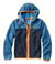 Blue and navy colorblock fleece jacket with orange full zip and hood, front view