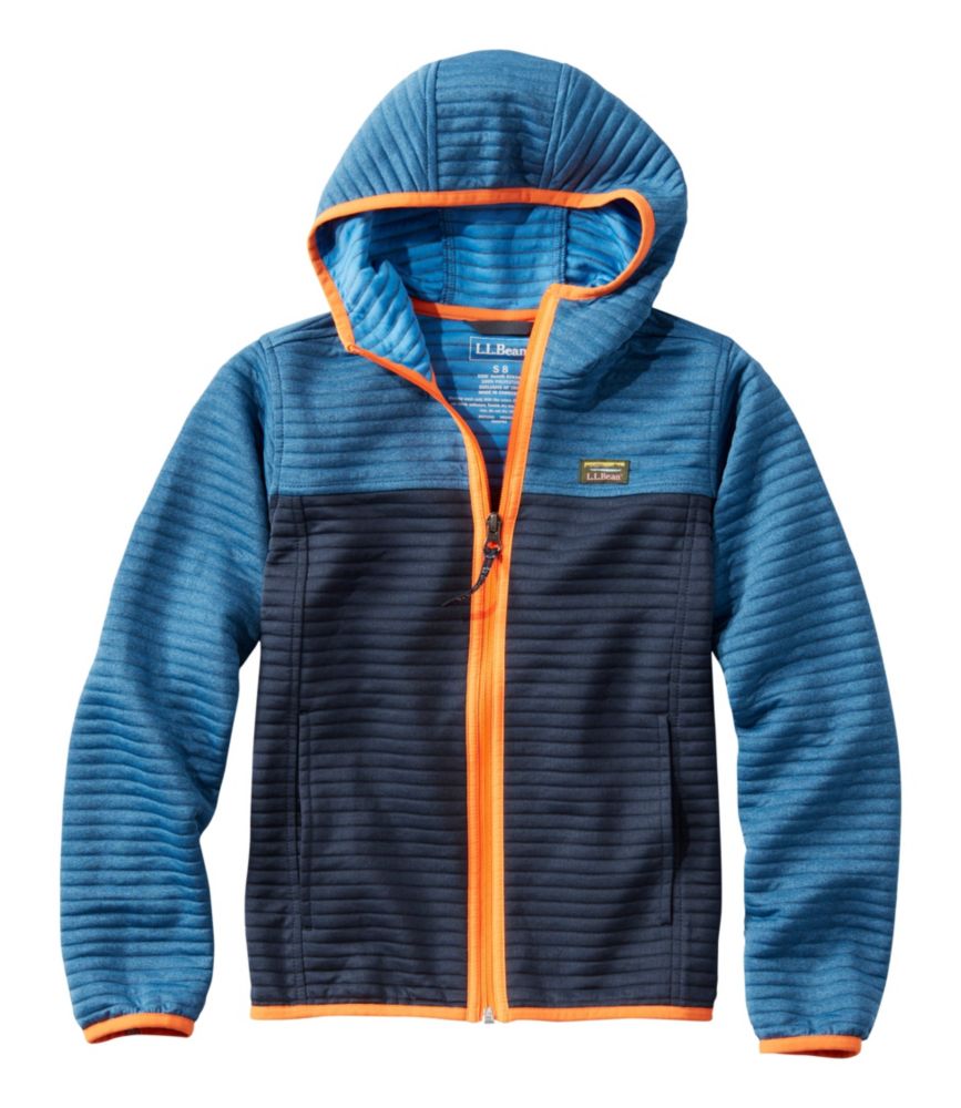 Blue and navy colorblock fleece jacket with orange full zip and hood, front view
