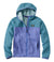 Colorblock hooded zip-up jacket with blue-green sleeves and purple body, ribbed texture