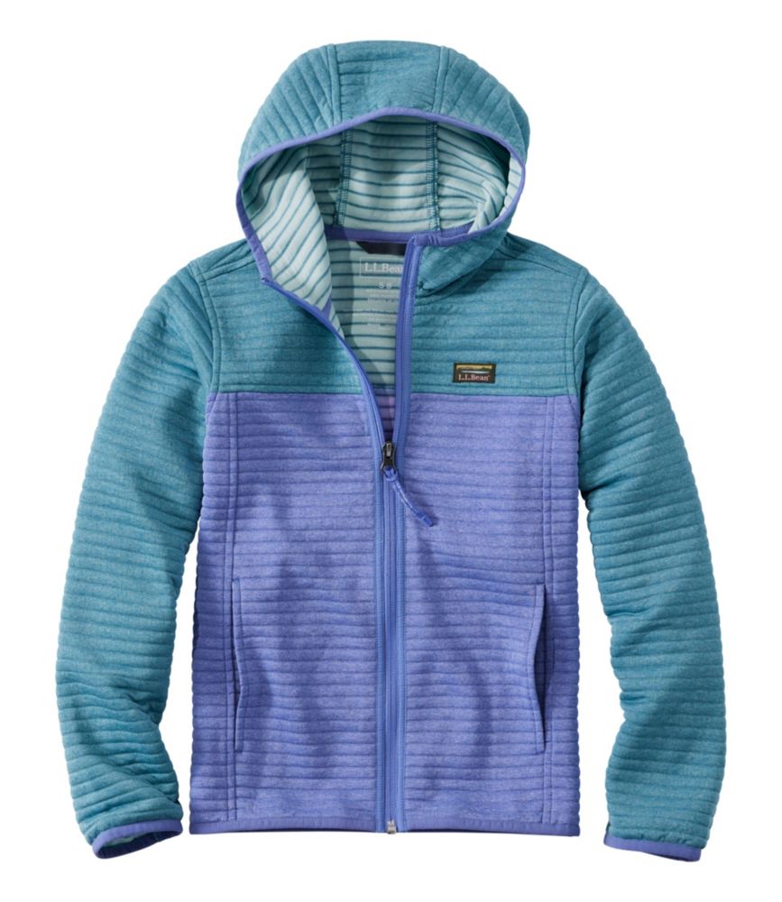Colorblock hooded zip-up jacket with blue-green sleeves and purple body, ribbed texture