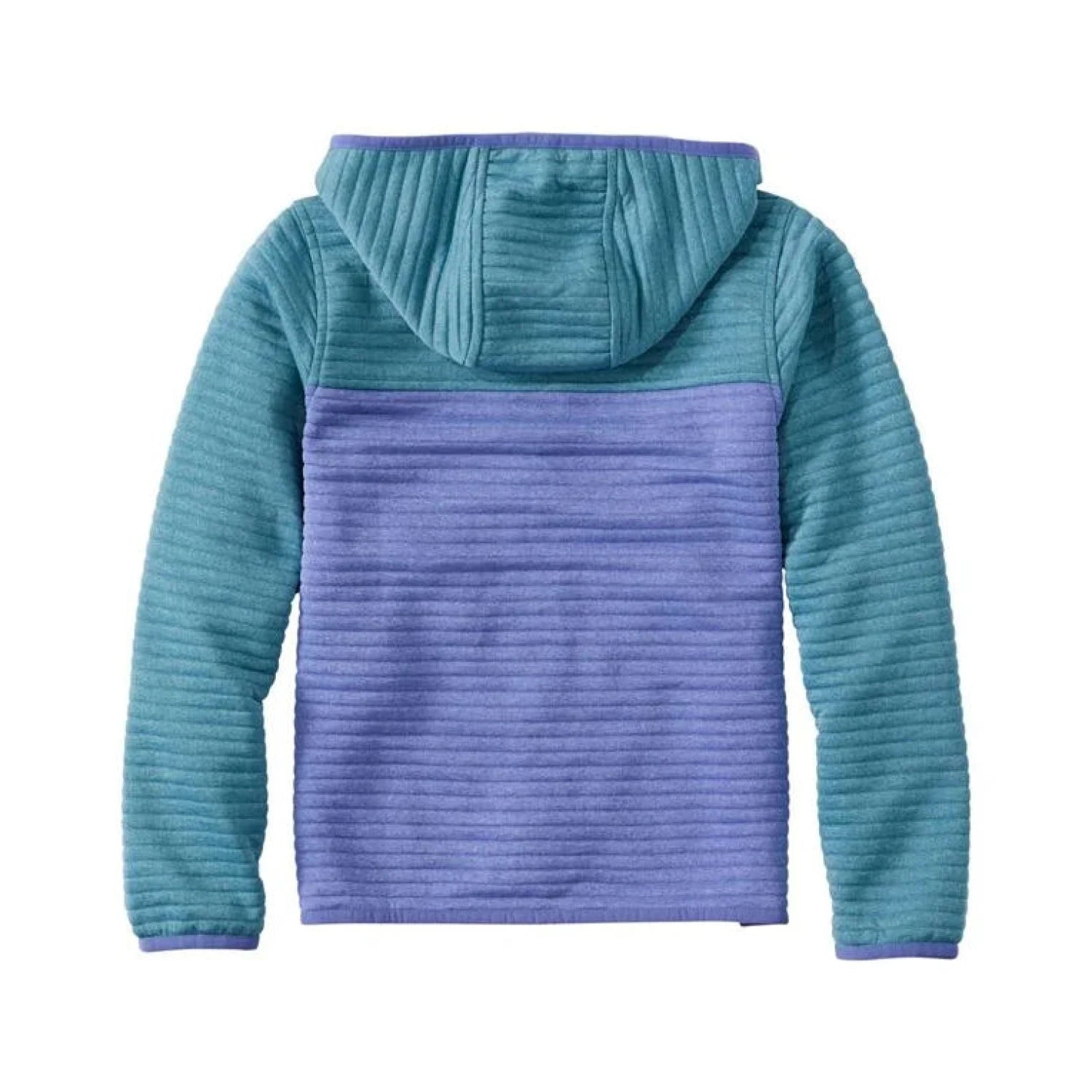 Colorblock ribbed fleece hoodie with full zip closure shown from back view