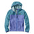 Color-blocked quilted hoodie with full zip front and hood up, purple torso with teal sleeves