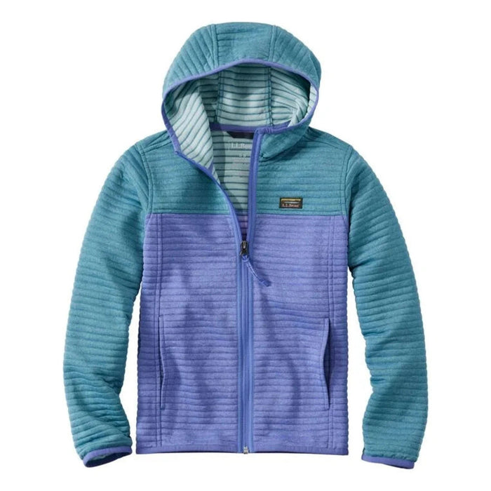 Color-blocked quilted hoodie with full zip front and hood up, purple torso with teal sleeves