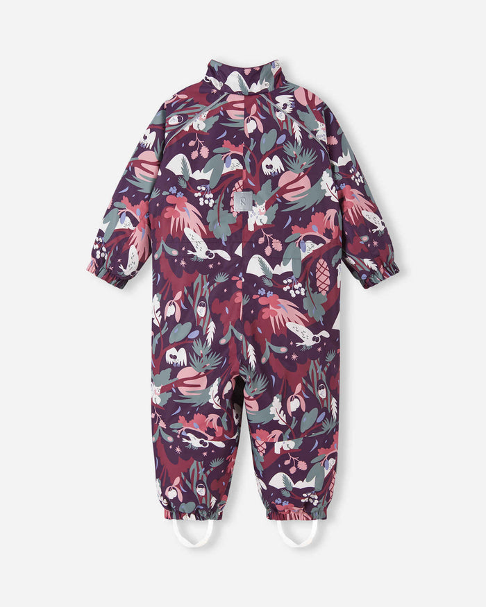 Baby winter overall back view, deep purple with colorful forest print, elastic cuffs and stirrups