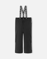 Black ski pants with removable suspenders and reflective details at hem