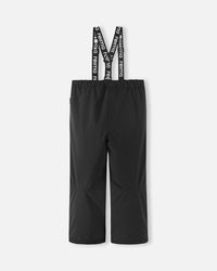 Black snow pants with suspender straps featuring text branding, front view