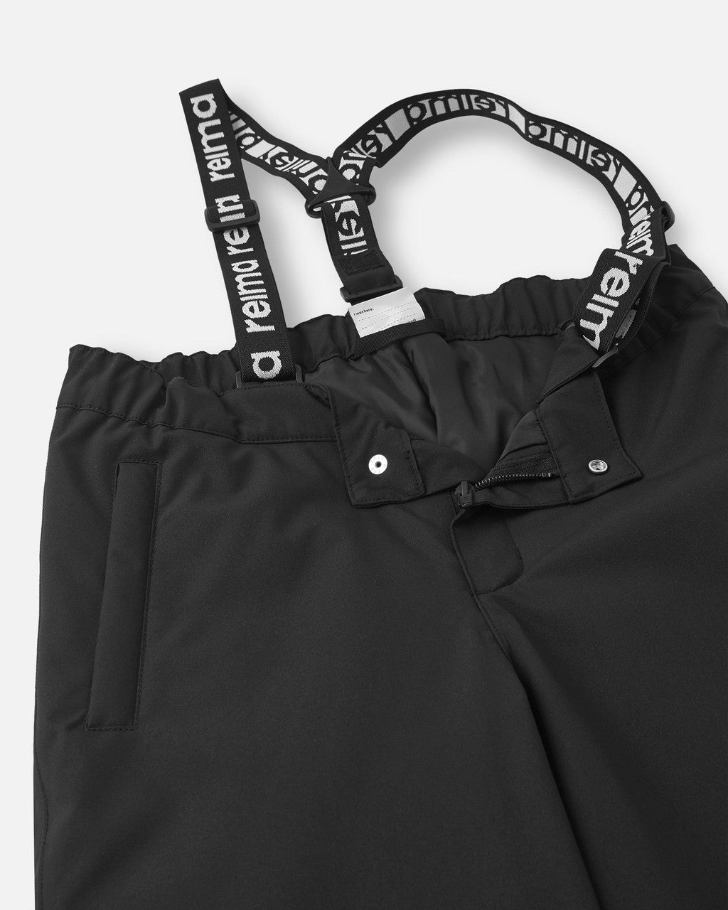 Black winter snow pants with adjustable suspender straps and zipper details