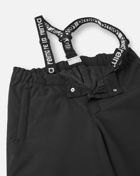 Black winter snow pants with adjustable suspender straps and zipper details
