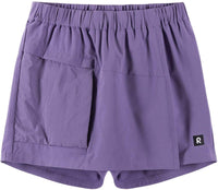 Purple elastic-waist skort with large front pocket and small logo patch, front view