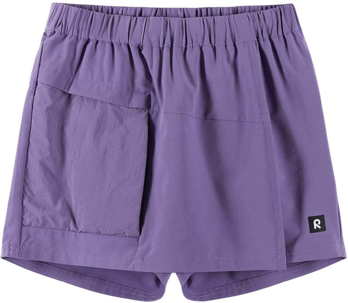Purple elastic-waist skort with large front pocket and small logo patch, front view