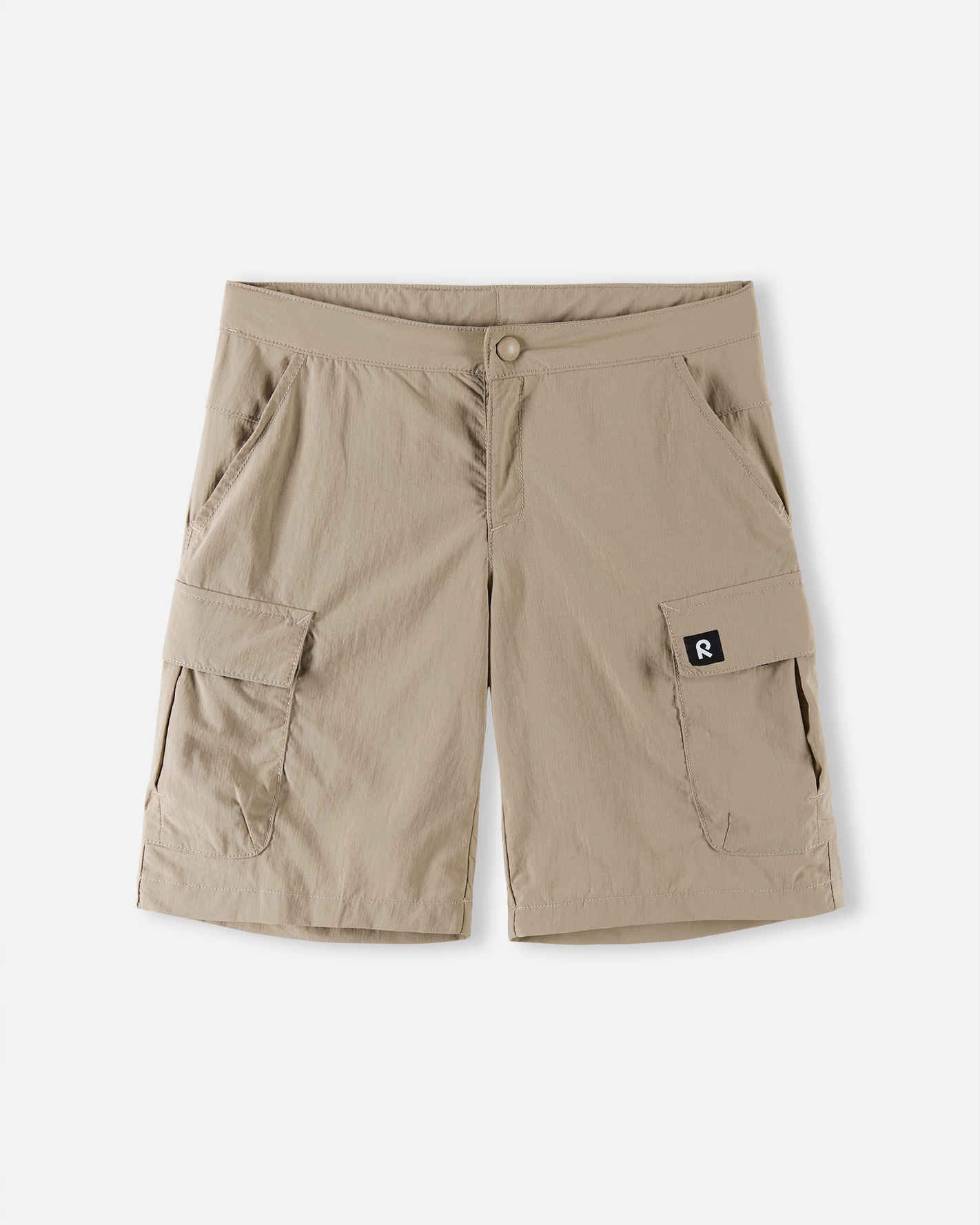 Tan cargo shorts with multiple pockets and elastic waistband, flat lay view