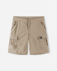 Tan cargo shorts with multiple pockets and elastic waistband, flat lay view