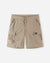 Tan cargo shorts with multiple pockets and elastic waistband, flat lay view