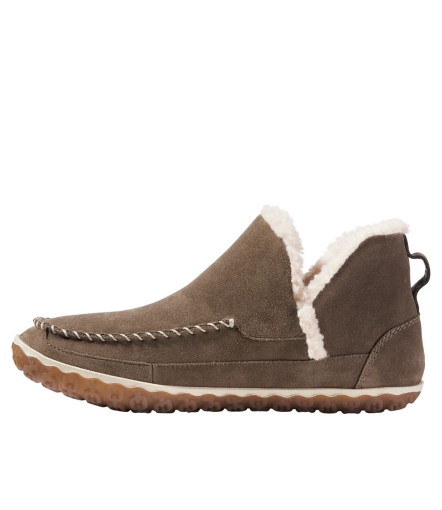 Suede moccasin-style slipper boot with sherpa lining and rubber sole, side view