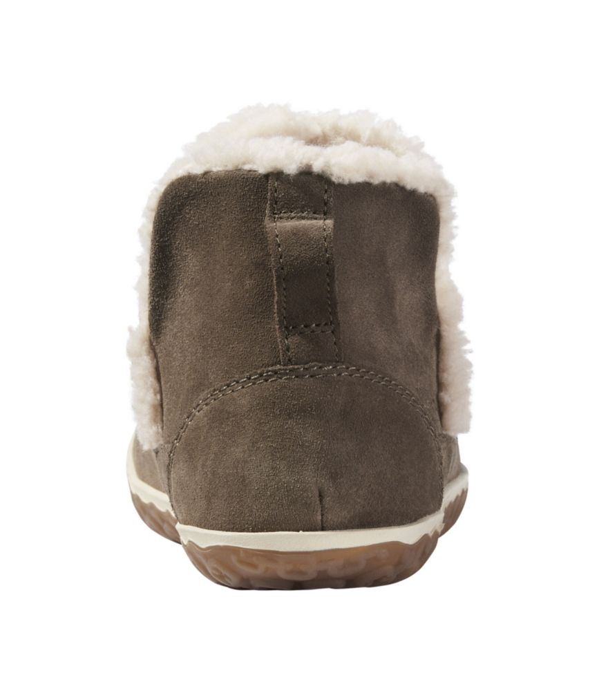 Suede ankle slipper boot with sherpa fleece lining, back view showing heel tab