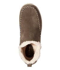 Top-down view of suede moccasin slipper boot with sherpa fleece lining and whipstitch detail
