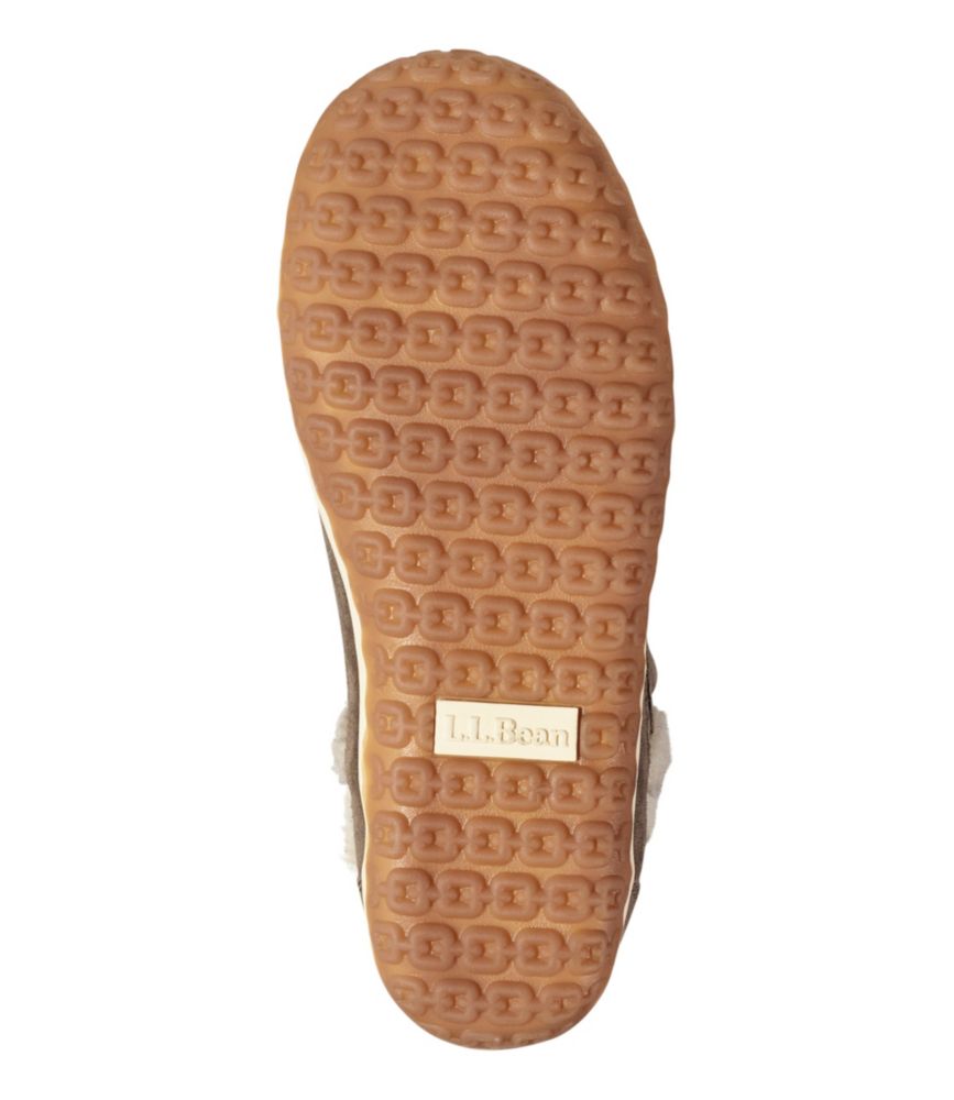 Bottom sole view of a slipper boot showing textured rubber outsole with chain-link pattern and brand logo plate