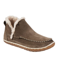 Suede slip-on ankle boot with sherpa fleece lining, moccasin stitching, and rubber sole