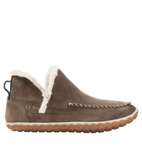 Suede moccasin-style ankle slipper boot with sherpa fleece lining and gum rubber sole, side view