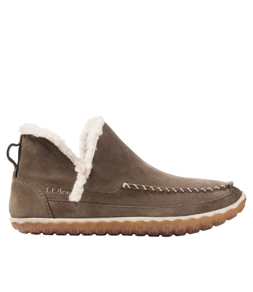 Suede moccasin-style ankle slipper boot with sherpa fleece lining and gum rubber sole, side view