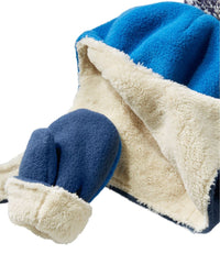 Close-up detail of fleece trapper hat with sherpa lining and matching fleece mittens with sherpa cuffs