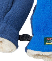 Close-up detail of two fleece mittens with sherpa lining and black clip connector at wrists
