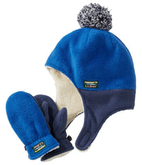 Toddler fleece earflap hat with pom-pom and matching mittens set, sherpa-lined interior visible