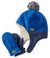 Toddler fleece earflap hat with pom-pom and matching mittens set, sherpa-lined interior visible
